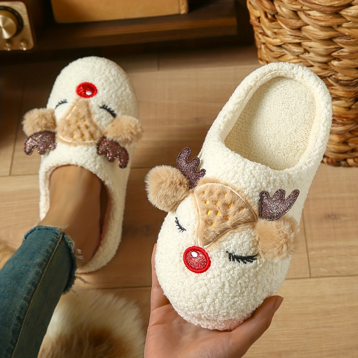 Image of Cute Cartoon Christmas Gift Reindeer, Casual Vacation Indoor Bedroom Winter Women's Slippers, Women Shoes
