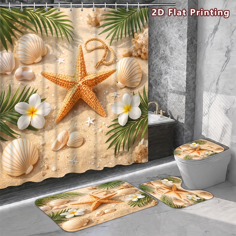4pcs Summer Beach Shower Curtain Set with Bath Mat