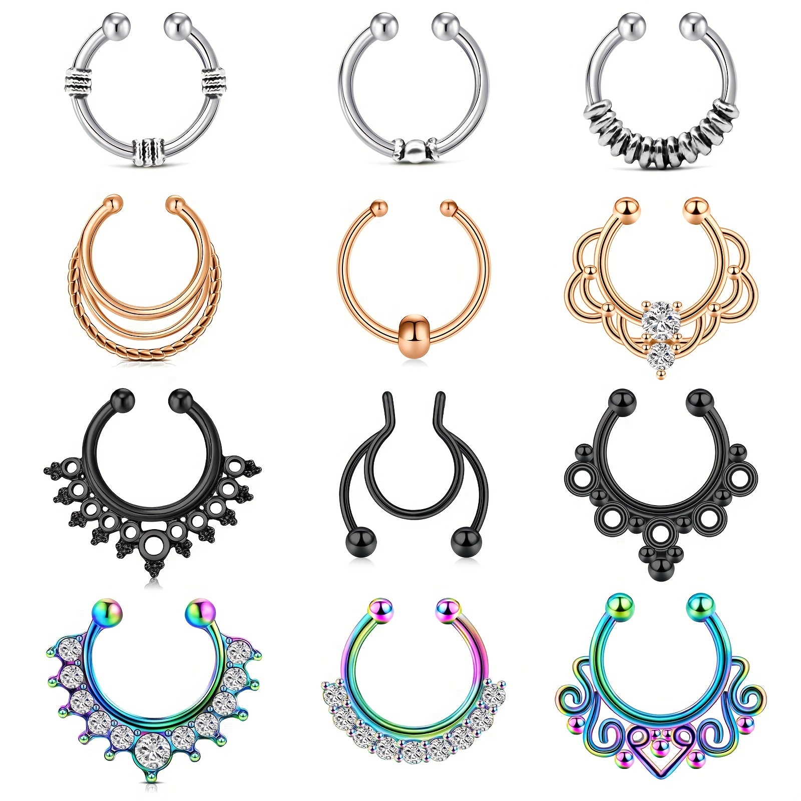 

12pc Non-piercing Fake Set, Assorted Styles Cloud, & , Silvery, & Steel -on Accents, Y2k Jewelry For Women