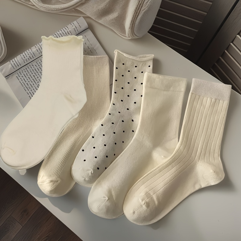 TEMU Set van 5 paar halfhoge damessokken met houtoor-paddestoelkant, stippen en kleuren. Veelzijdig, comfortabel en perfect voor dagelijks gebruik,