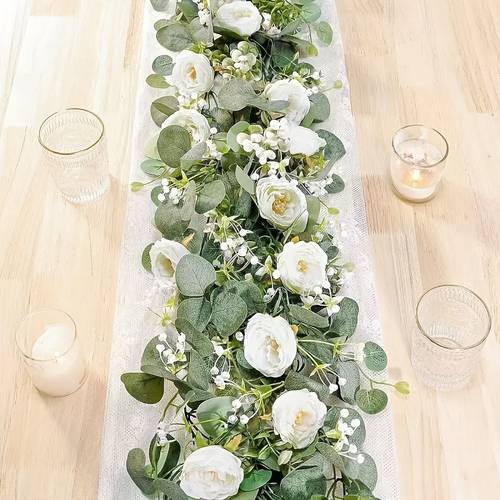 4 stk. realistiske eukalyptus & hvide rose kranser - 70.87 høje kunstige blomsterranker til bryllupper, boligindretning, festivaler & fester - indendørs/udendørs , til thanksgiving, , valentinsdag, dag, hanukkah