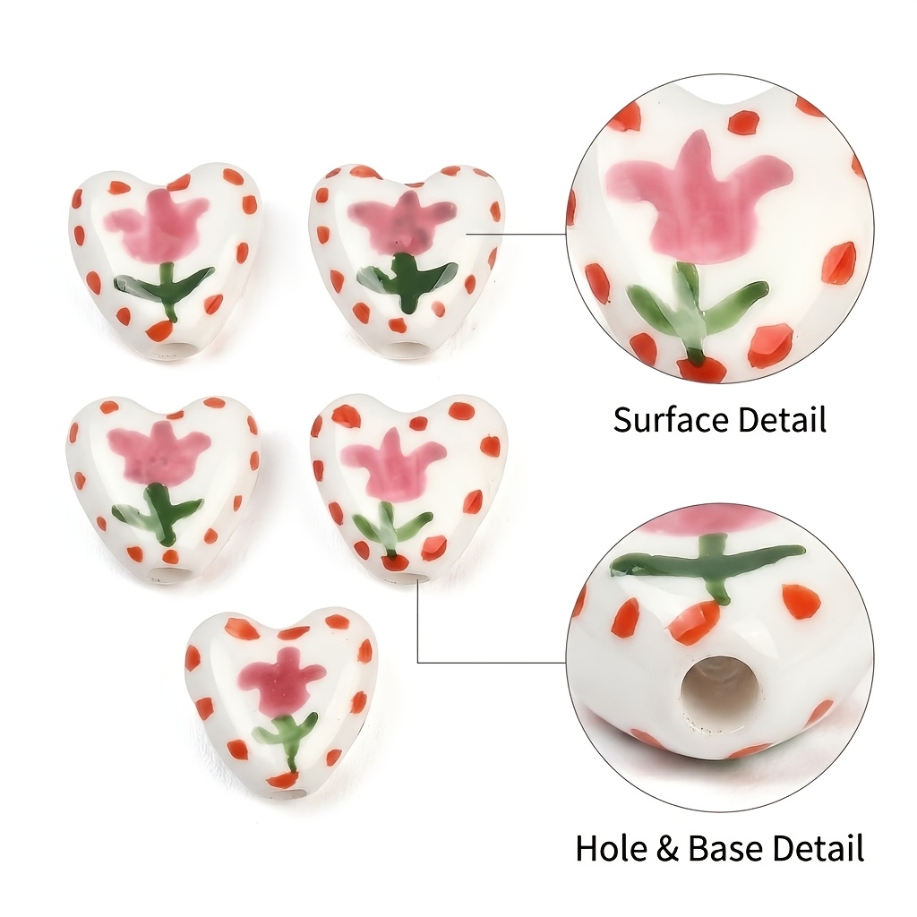 6pcs Hand-Painted Heart-Shaped Ceramic Beads for DIY Jewelry
