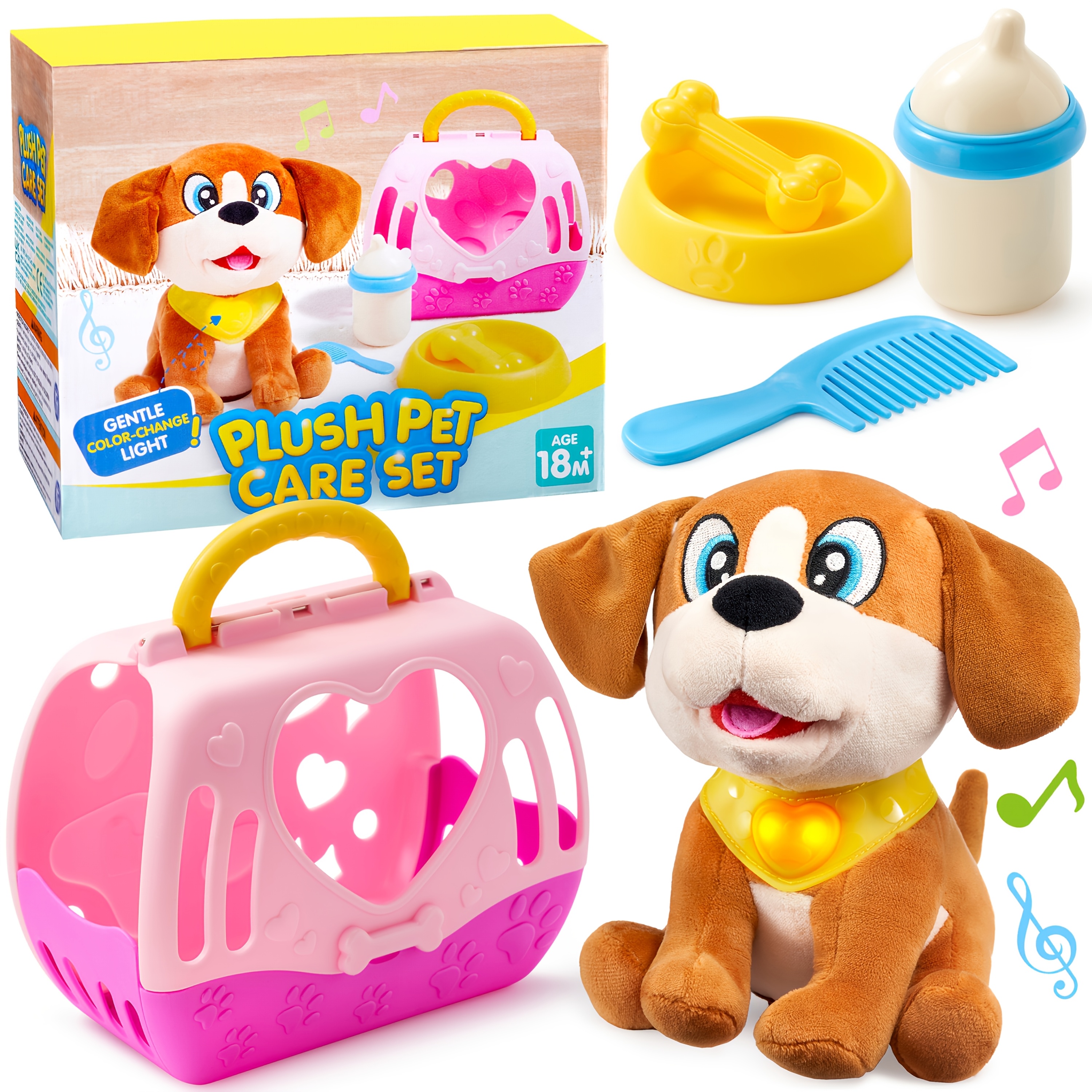 TEMU Syncfun Interactive Plush Dog Toy Suitable For Kids With Carrier & Accessories - Responsive Puppy With Music, Lights & Sounds, Soft Pet For
