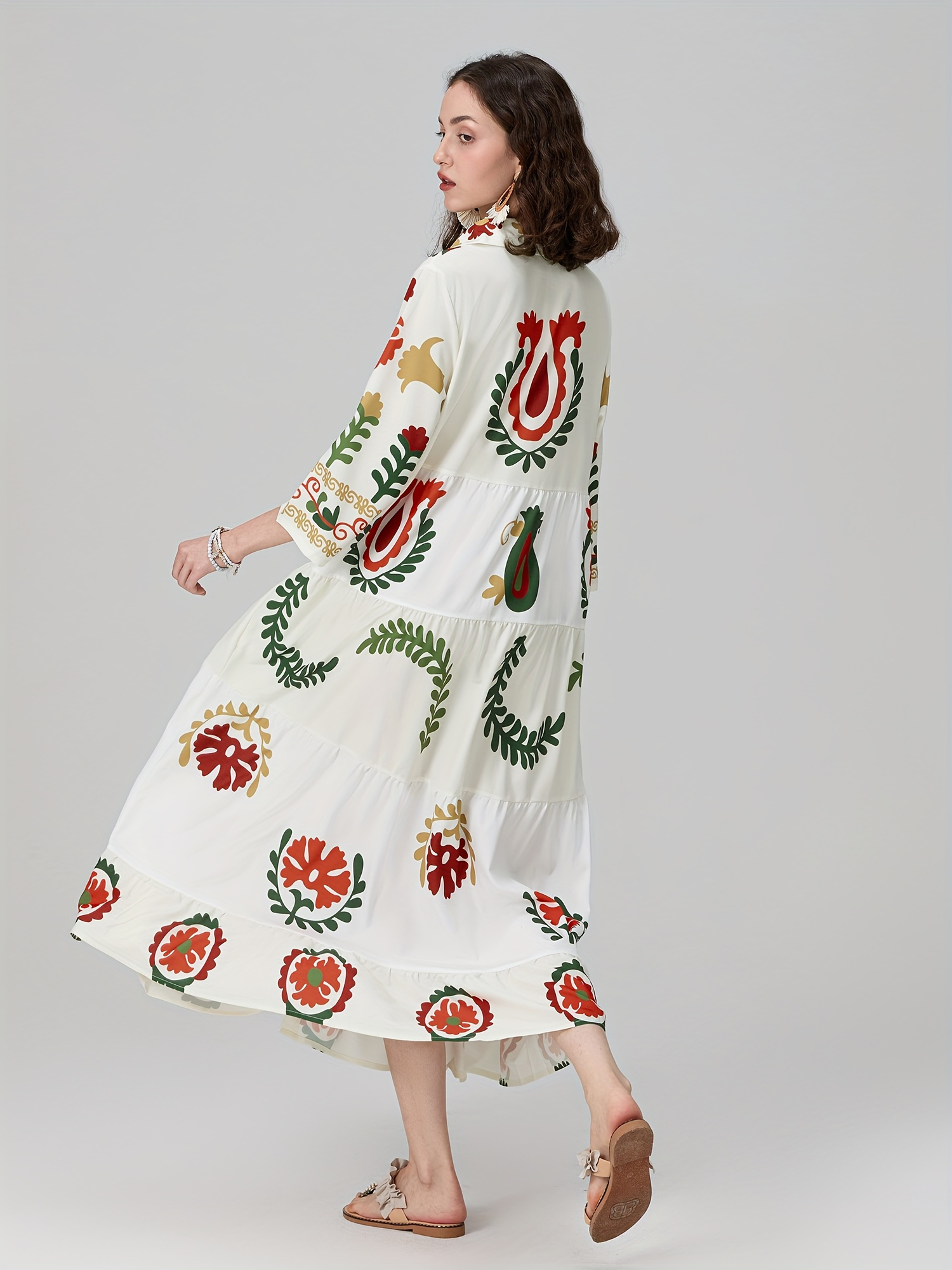 Women Long Shirtdress Floral Print Button-Up Lapel Neck 3/4 Sleeve Flowy Loose Dresses