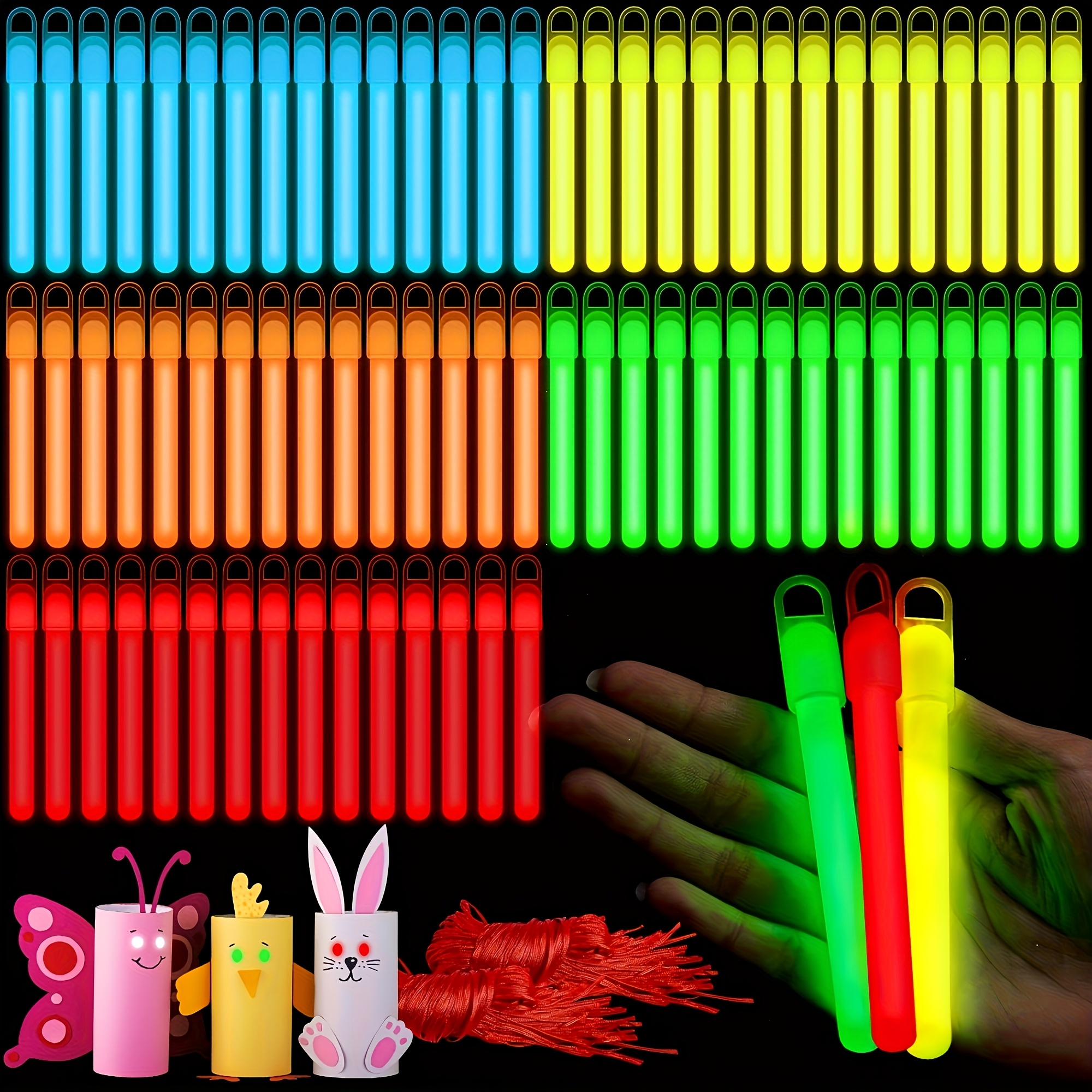 paquete   de 100 barras luminosas brillantes de 4 pulgadas, ideales para emergencias, camping, senderismo y fiestas, con cordón y colores variados, sin batería