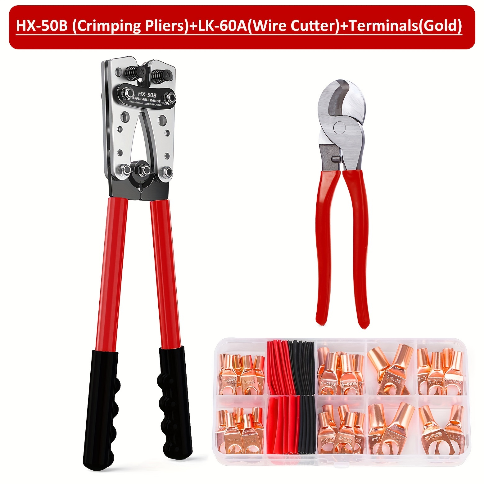 Sold Separately: Hx-50b Battery Cable Terminal Crimping Pliers. In Sets With Lk-60a Wire Cutters, Golden/silvery-copper Terminals, Or Combined Kits. Wire Crimper For 6-50mm² Awg 8-1/0 Electrical Lug