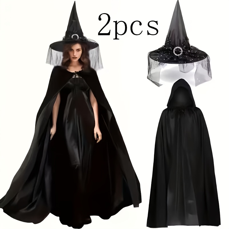 TEMU Adult Black Long Cosplay Cape And Hat, Halloween Costume Set - Women's And Men's Halloween Masquerade, Cosplay Costume - Women's Dress-up