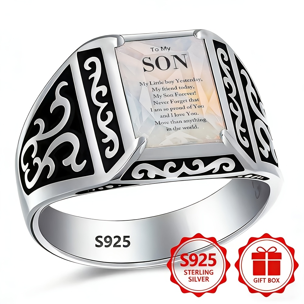 TEMU Product Total Weight (10.86g) Men's Silvery Square Ring - A To Son - Black And White Engraved Ring Suitable For Everyday Wear And As A Gift