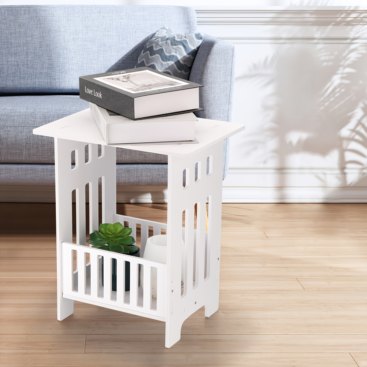 

Contemporary White Plastic End Table With Storage Basket, Space-saving Design, Pedestal Base, For Home And Patio Use, Patio Table