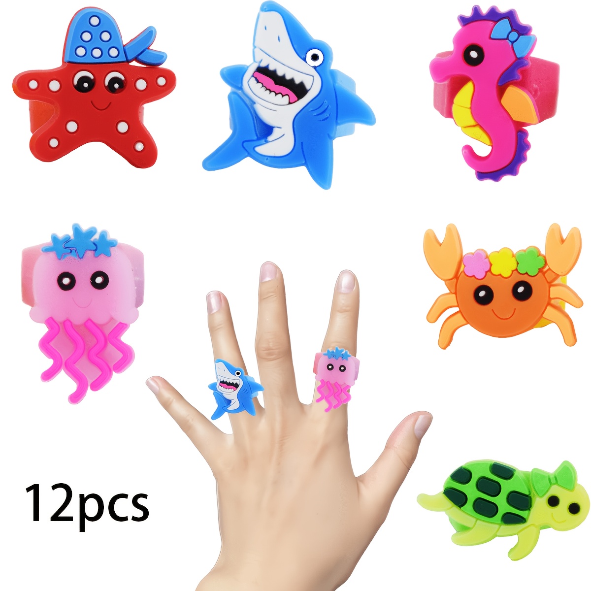 TEMU Gift For Her/him 12pcs Marine Animal Rings, Cartoon Pvc Soft Finger Rings, Ocean Theme Party Dress-up, Cartoon Starfish Jellyfish Shark Rings,