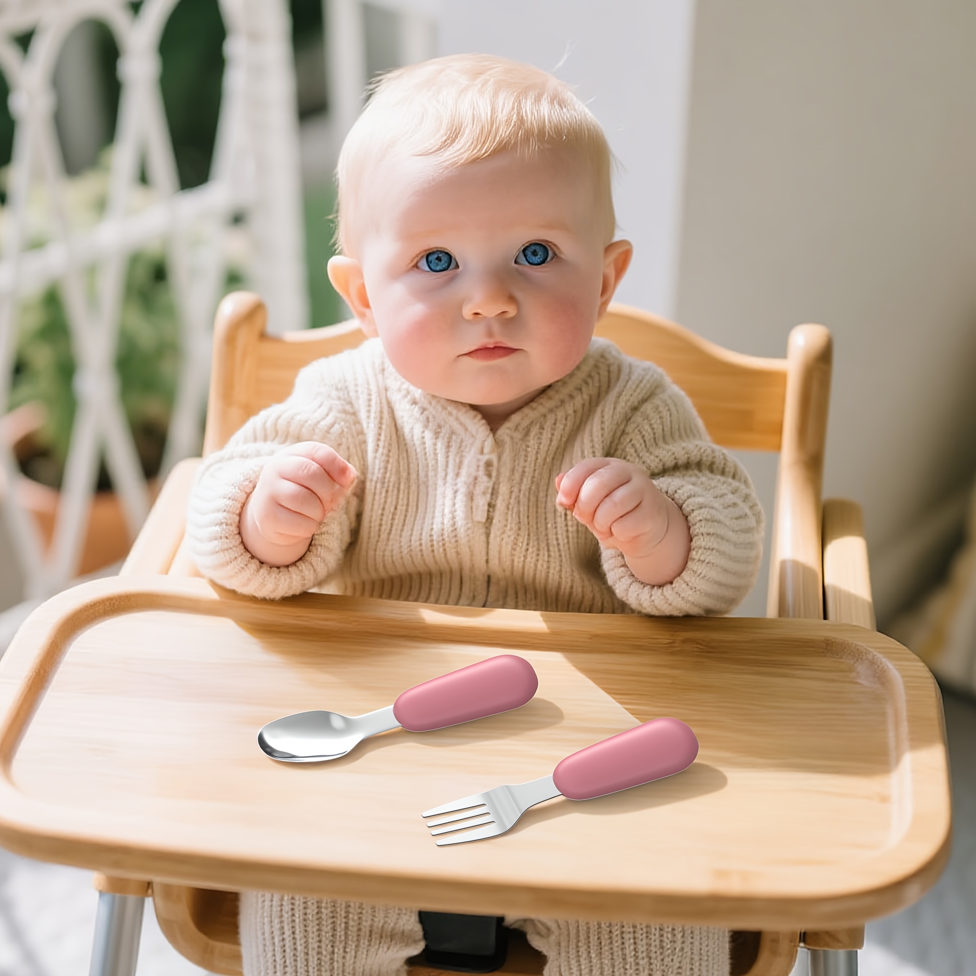 Set of 2 Stainless Steel Forks And Spoons with Silicone Handles, Designed for Easy Gripping, Ideal for New Self-Feeders, Gentle on Gums And Teeth, And Safe for Dishwasher Use
