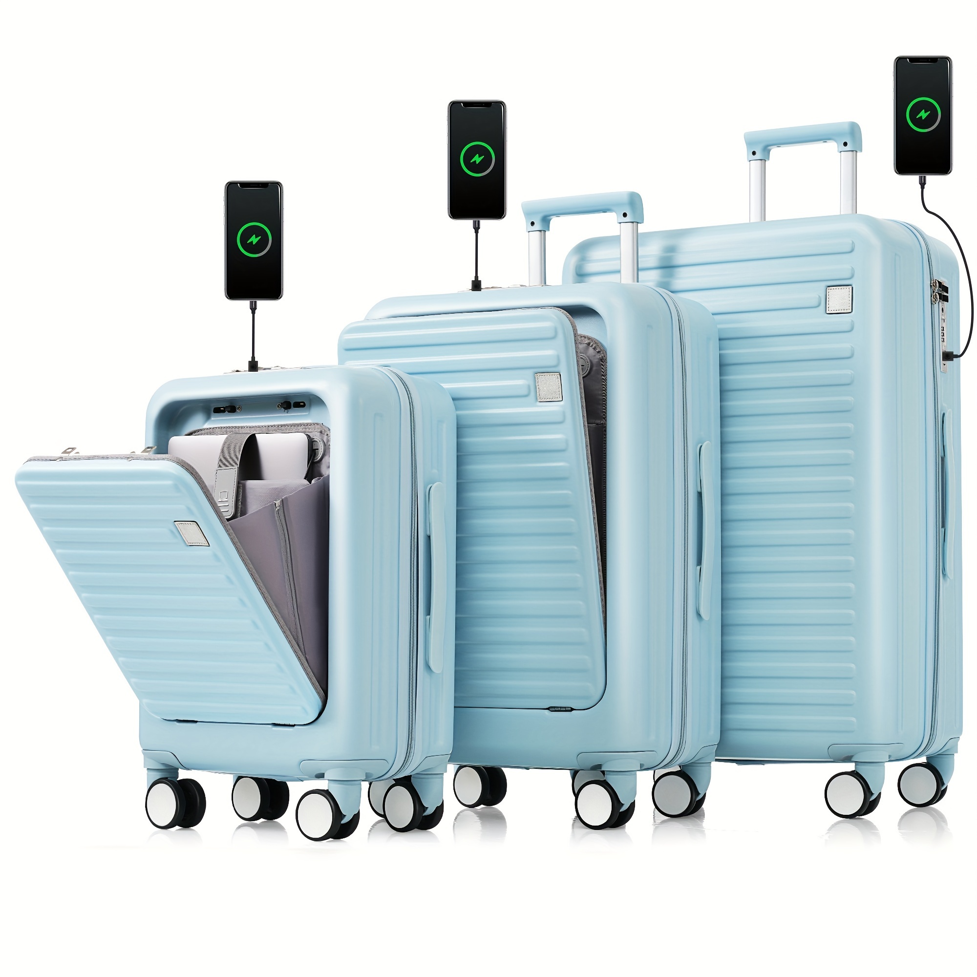 3 Piece Suitcase Set 20 24 28 inches USB port front opening design airline certified carry on baggage cup holder ABS hard shell luggage swivel wheels This suitcase is looking affordable