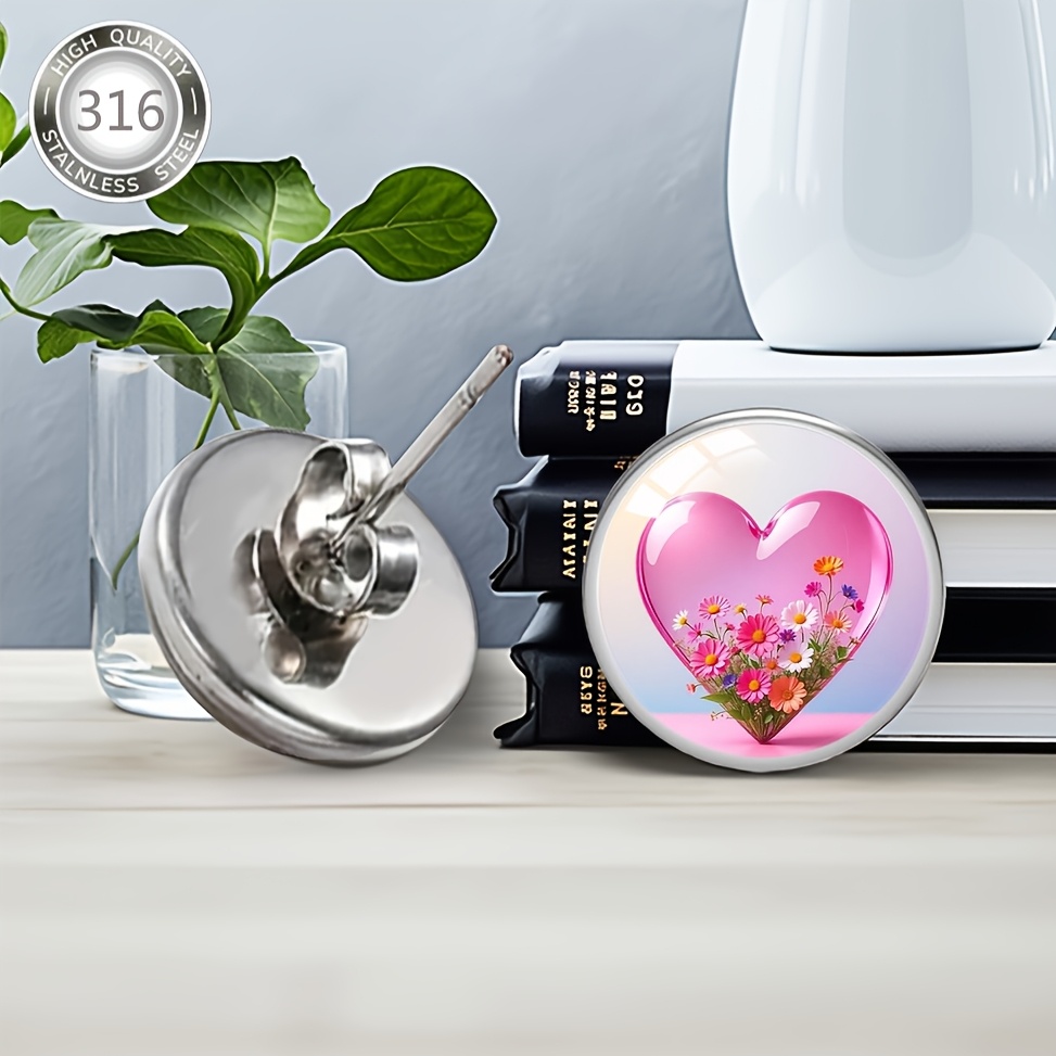 Pink Heart-Shaped Earrings with Daisy Pattern for Women