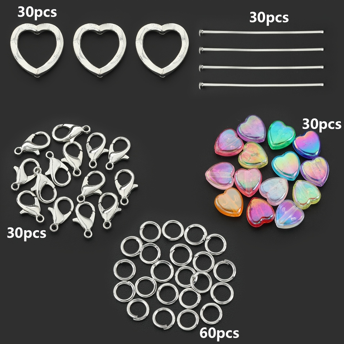 TEMU 2d Flat - 180pcs Keychain Making Kit, Including 30pcs Heart-shaped Bead Frames And 30pcs Lobster Clasps And 30pcs Random Mixed Colors