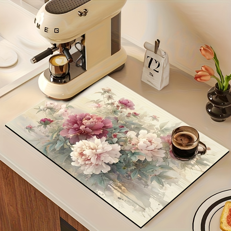 TEMU Floral Pattern Rubber Kitchen Countertop Mat - Absorbent, Non-slip, Multi-functional Dish Drying Mat For Coffee Machines, Washing Machines, Pet