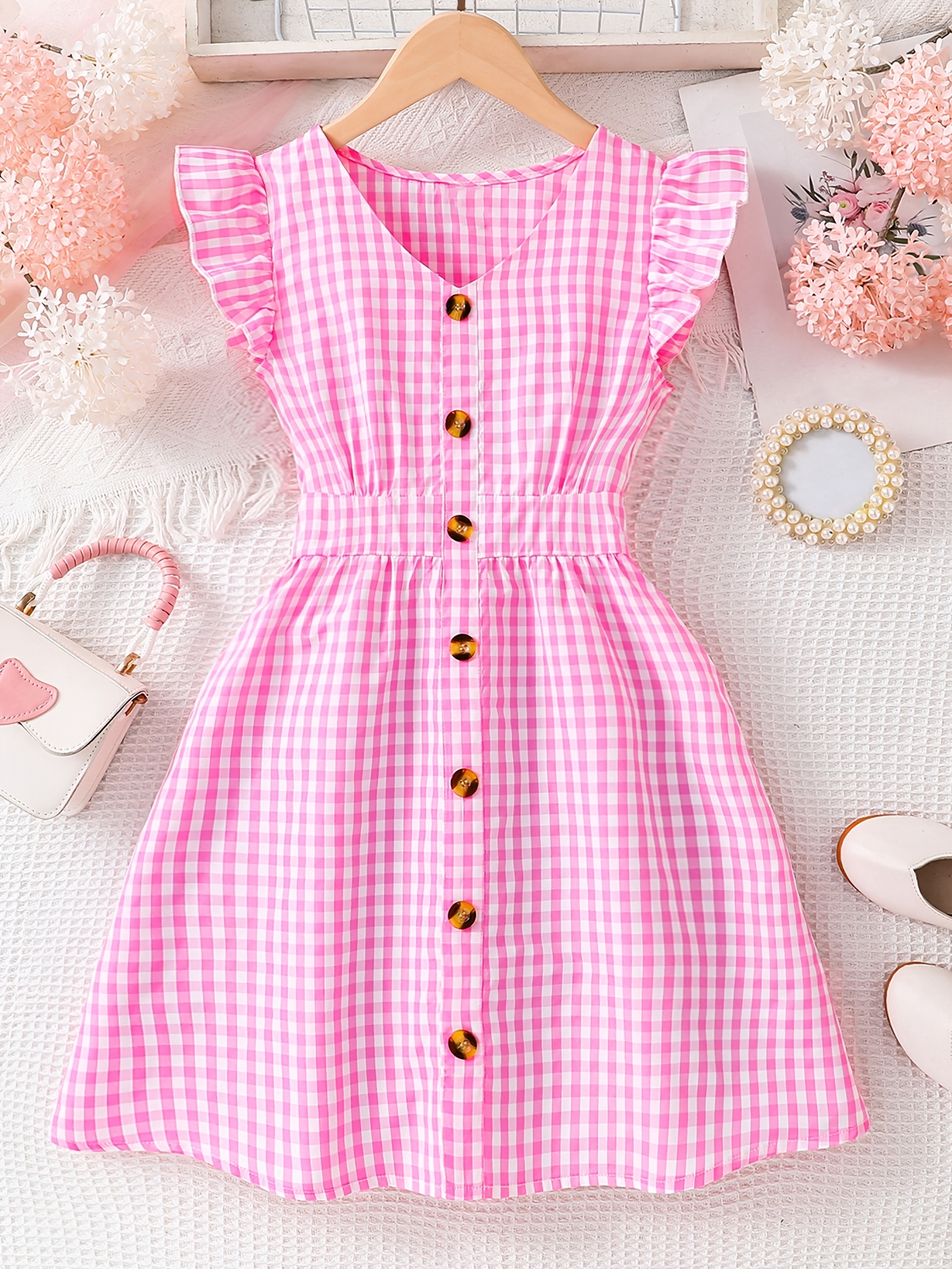 Fashion Easy Girls' Summer Button Plaid Puff Sleeve Dress, Girly Ladylike V-Neck Sweat-Absorbing Casual Skirt, Girls' Toddler Comfortable Thin Cool Summer Dress, Outing Vacation Versatile Sweet Summer Outfit, Sweat-Resistant