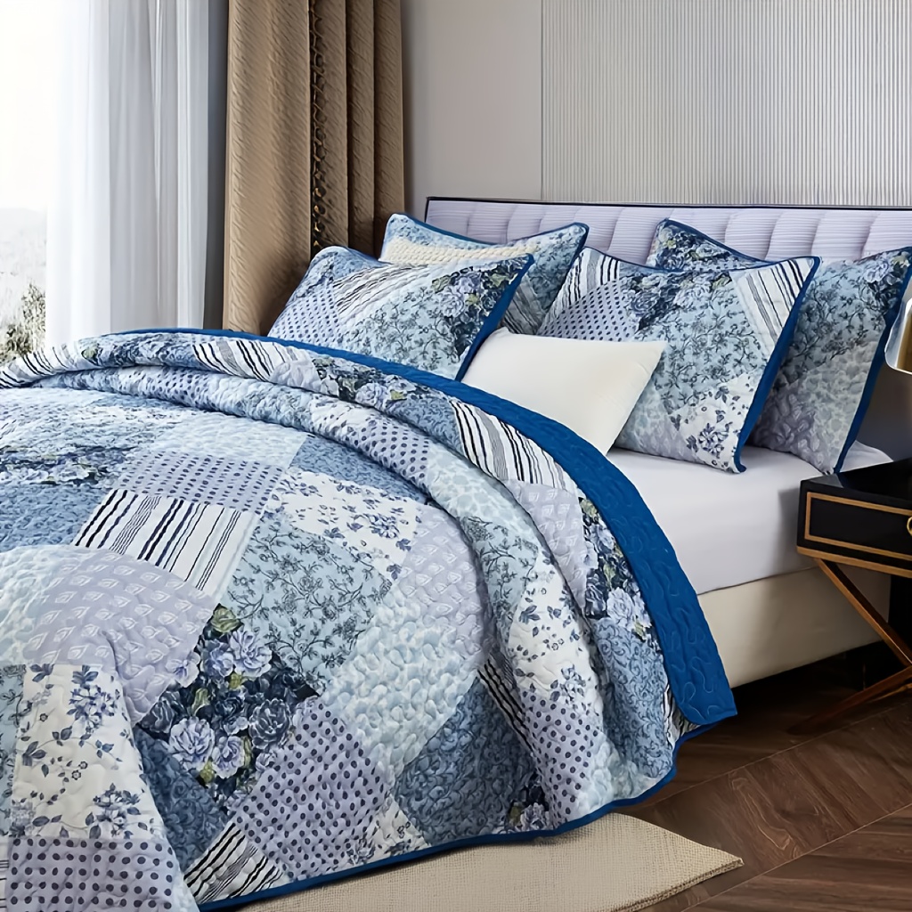 TEMU 3pcs Blue Print Quilted Bedspread Set, Includes 1 Comforter And 2 Pillowcases, Machine Washable, Soft And Breathable For , Cozy Bedroom Dorm