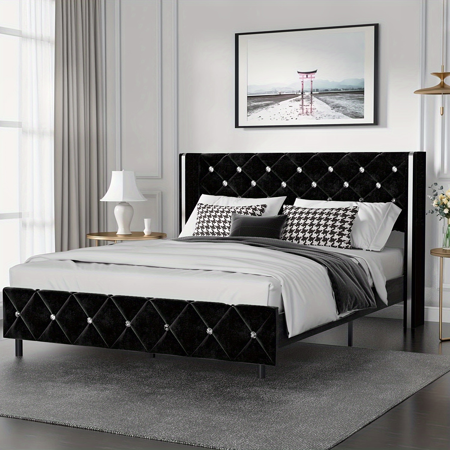 

Velvet Upholstered Bed With Diamond Headboard, Black Bed Frame Full With Wingback Headboard & Footboard, No Box Spring Needed, Easy Assembly/black