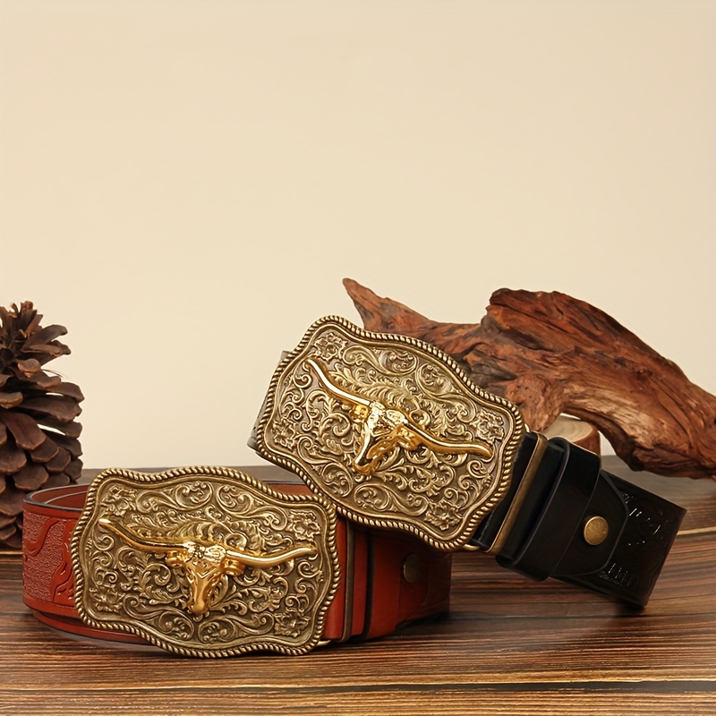 Men's Western Cowboy Belt with Long Horn Buckle