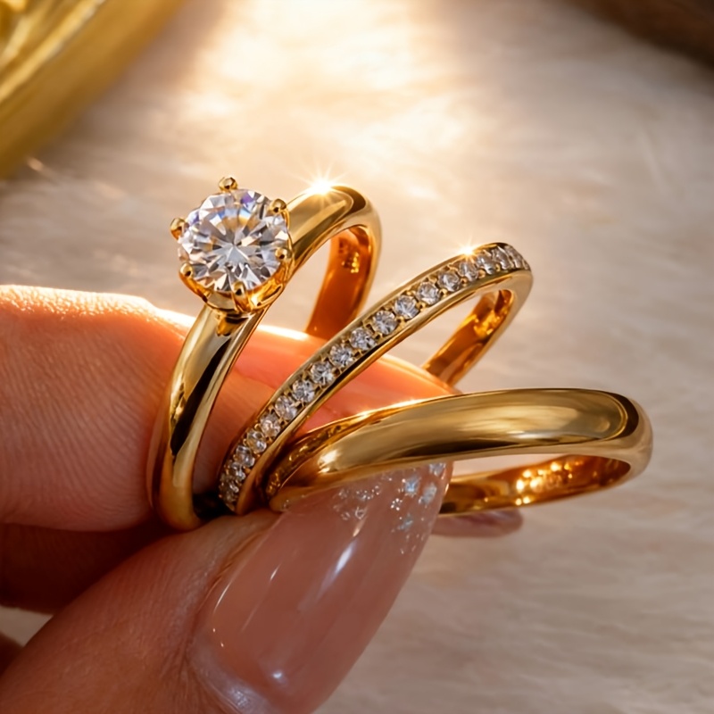 TEMU Znice 3pcs Set 18k Golden Plated Ladies Fashion Niche Personalized Stainless Steel Ring Set, Sweatproof, Non-fading, Suitable For Valentine's