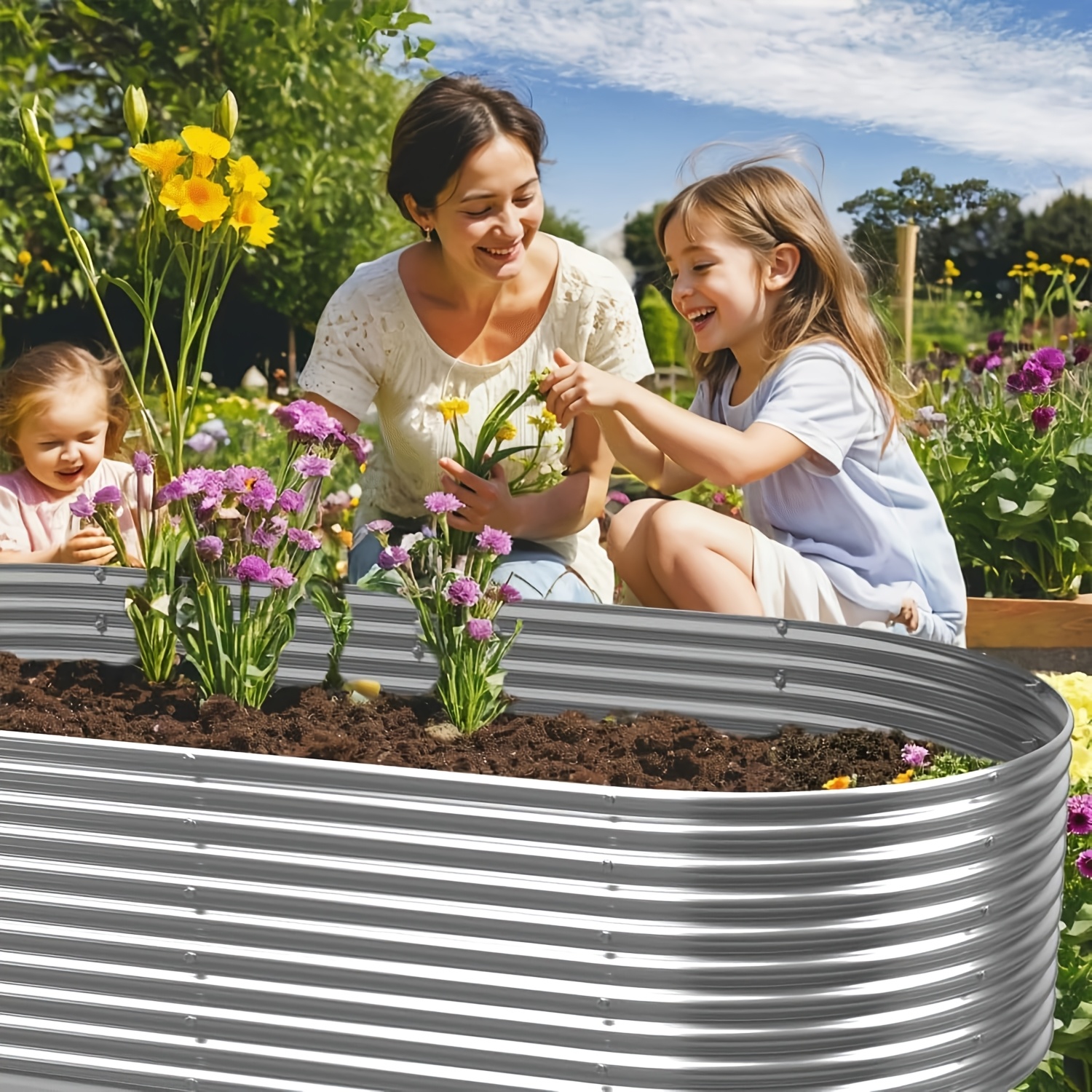 two sets of elevated garden beds made of corrugated galvanized steel measuring 8 feet by 4 feet designed for outdoor use   oval shape suitable for gardening raised above   for planting vegetables and flowers
