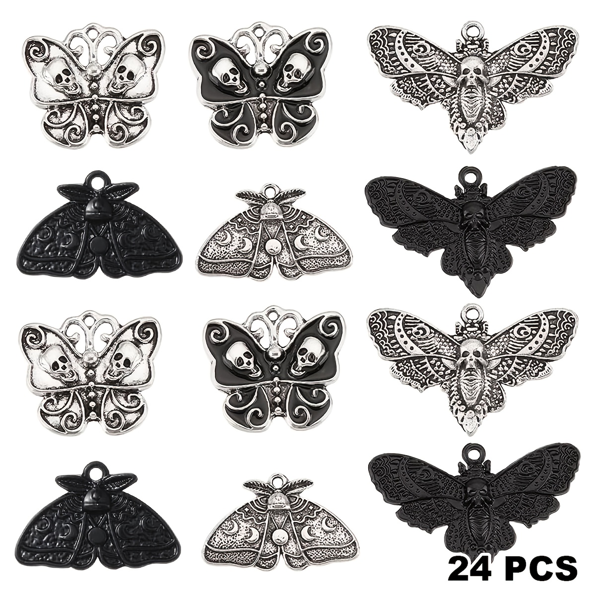 E-shop 24 Stück Motten-Anhänger im Gothic-Stil, silberfarbene Vintage-Schädel-Anhänger für Halloween, schwarze Phase Motten-Insekten-Anhänger,