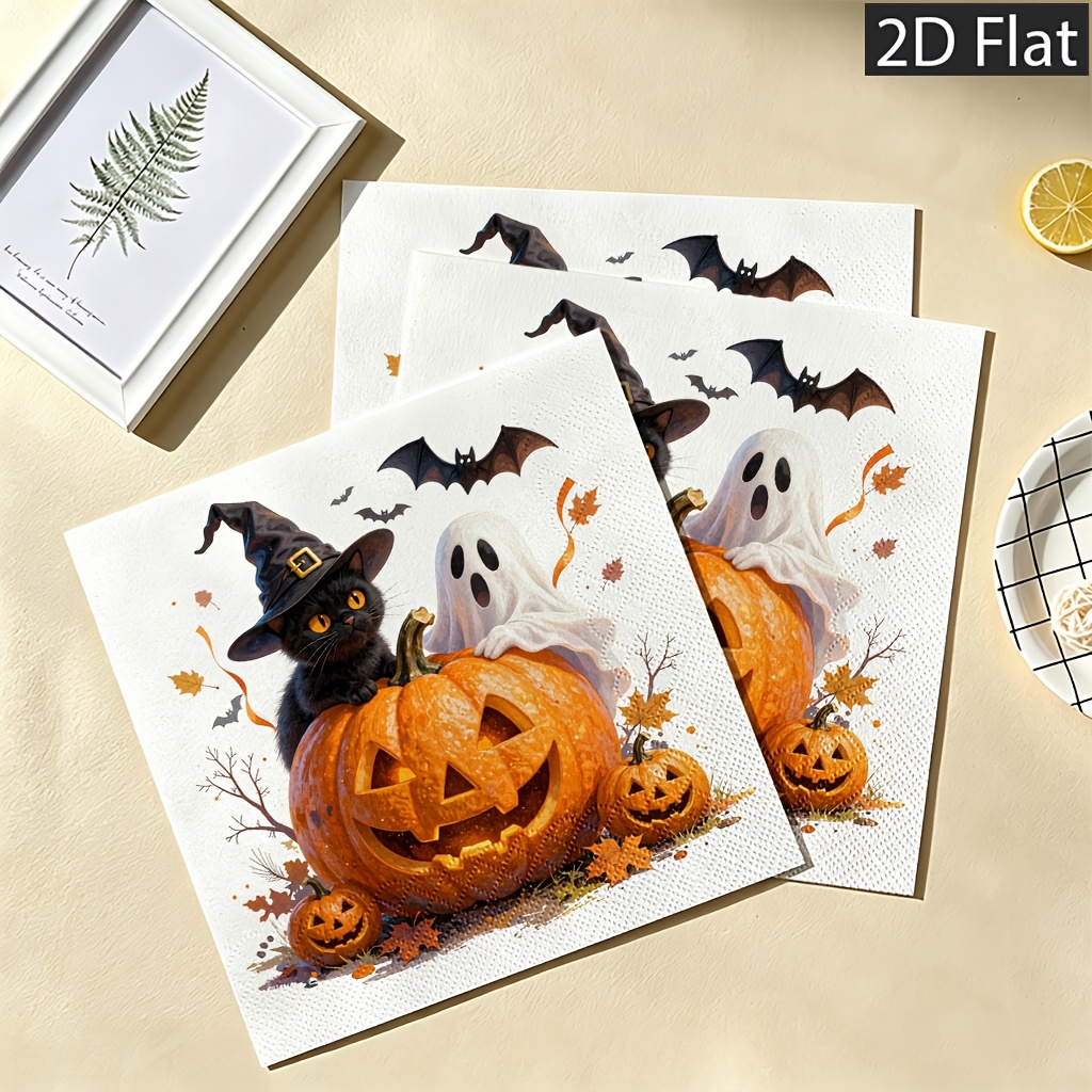 TEMU Serviettes de table jetables plates 2D, 20 pièces, 2 épaisseurs pour une extra durabilité, avec chapeau de sorcière, , Citrouilles,
