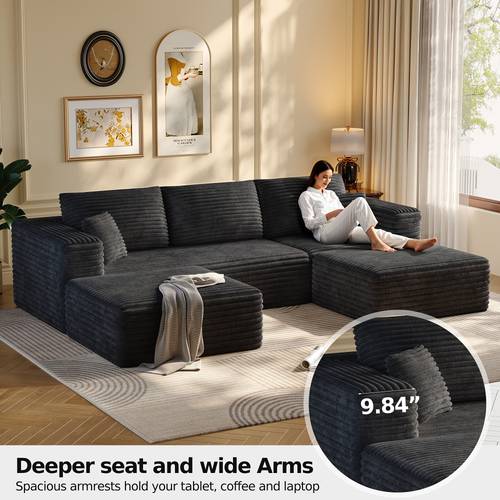 modern u shaped sectional sofa with chaise lounge ottoman footrest plush corduroy modular couch suitable for living room memory foam cushions boneless structure no chaise and ottoman included no assembly