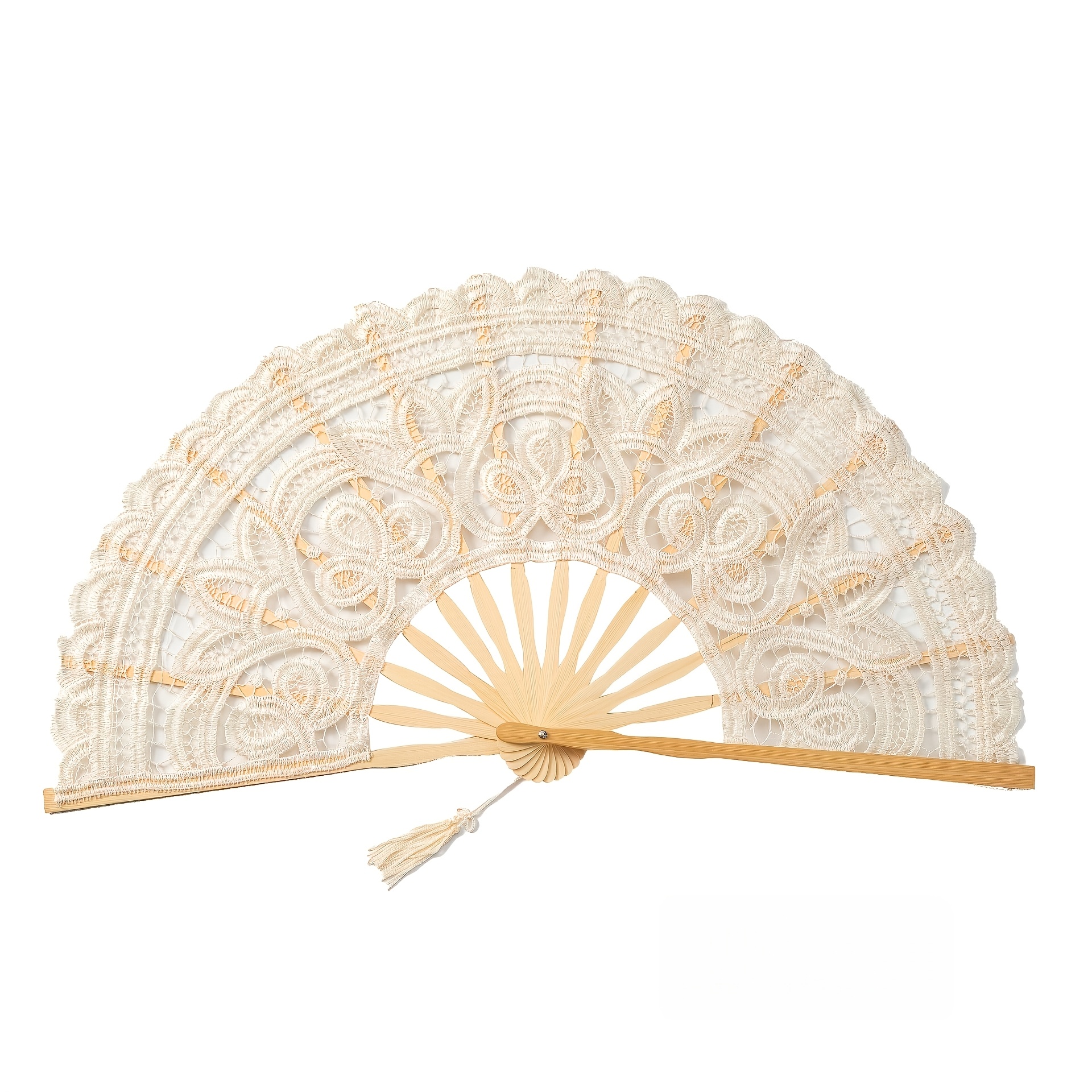 Image of 1pc Vintage Style Lace Folding Fan, Handmade Bamboo Fan With Tassel, For Women, Bridal, Cosplay, Home And Wedding Decoration