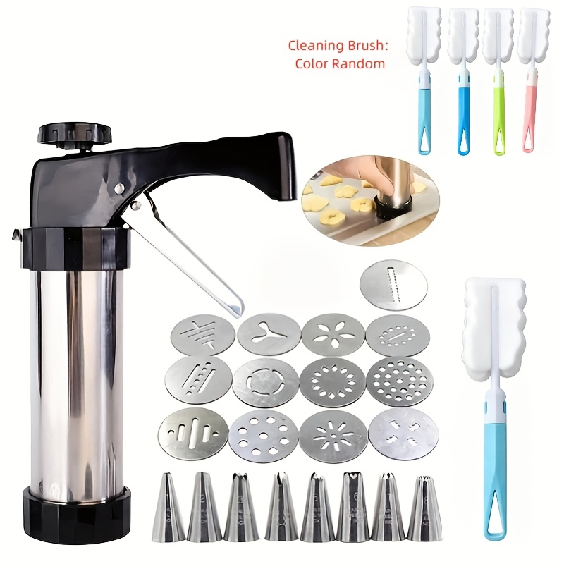 TEMU Stainless Steel Cookie Press Gun Kit - Cake Cream Decorating Gun With Nozzles And Molds, Biscuit Hand Pressing Machine And Pastry For Dessert