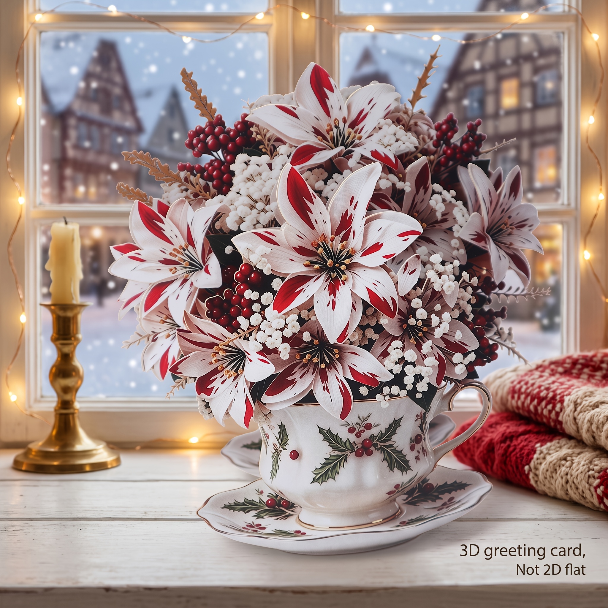 TEMU Christmas 3d Pop-up Greeting Card, Vintage Teacup Christmas Bouquet Design, Exquisite Paper Craft, Foldable Keepsake Gift Card, Suitable For