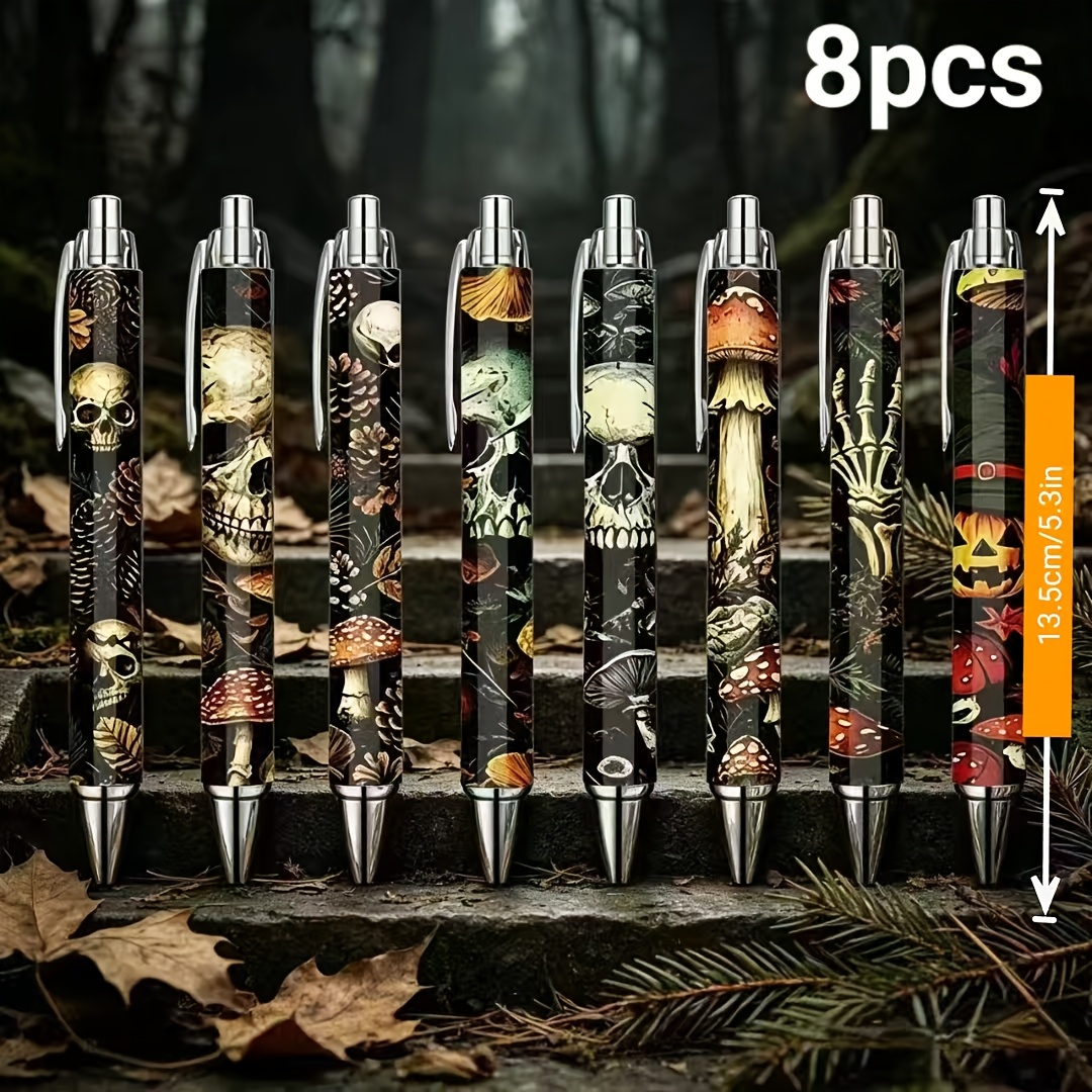 TEMU Lot de 8 stylos à bille à poussoir, style forêt de nuit , vent , squelette, os, parapluie rouge, imprimé, ambiance rétro d'Halloween, stylo de