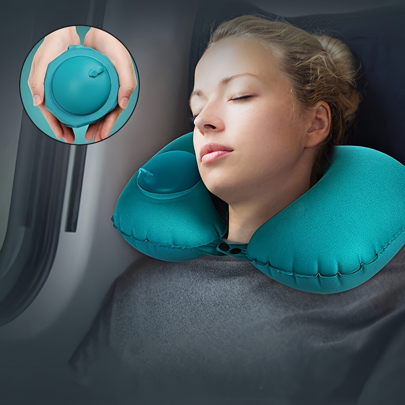 

Contemporary Inflatable Neck Support Pillow For Camping, Office, Travel - Comfortable Press-inflatable Velvet-flocked Cushion, Hand Washable, Multi-position Sleeper, Snap Closure, Pvc Cover, 14+