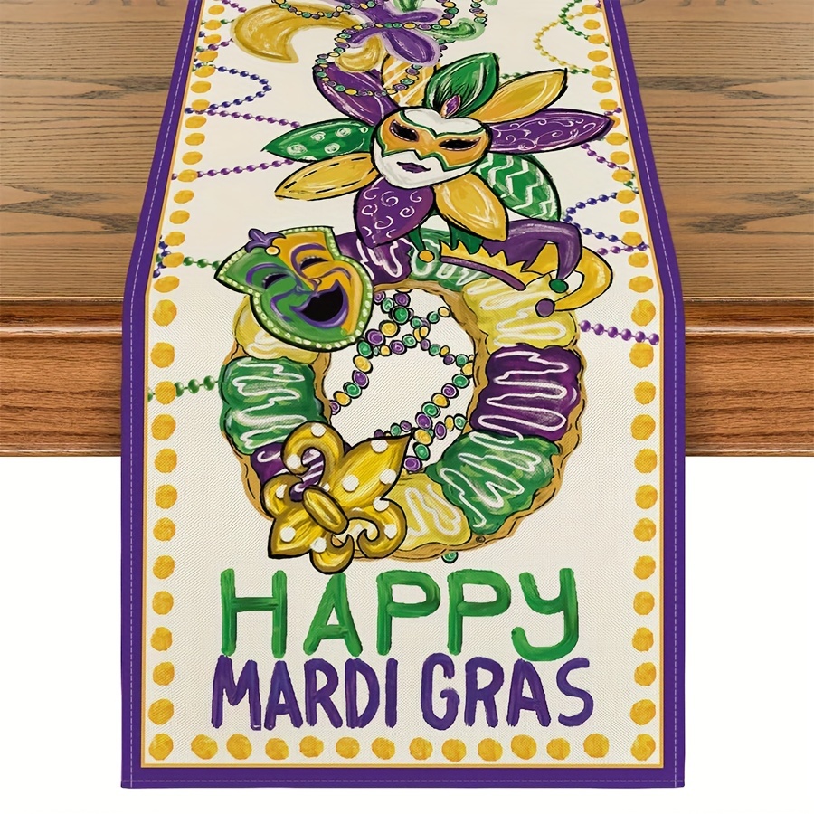 

1pc Mardi Gras Themed Linen Table Runner - 100% Woven Linen Square Table Decor With Irises, Beads, And For Dining Decoration