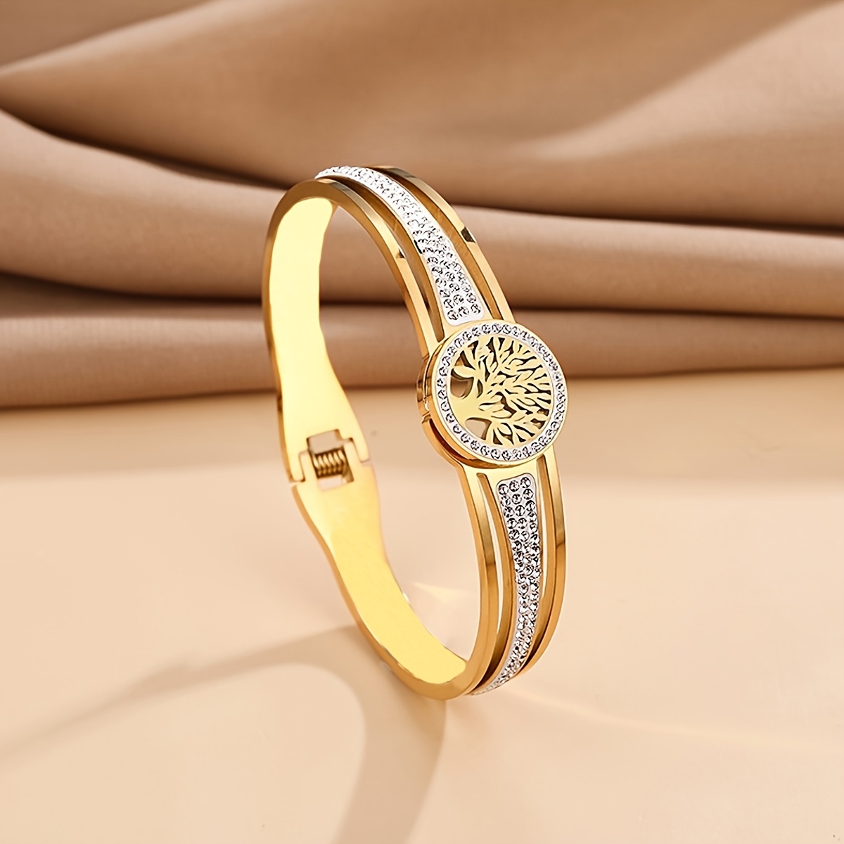 TEMU 1pc Fashion Women's Bracelet, Stainless Steel Tree Of Life Cubic Synthetic Zirconia Bracelet