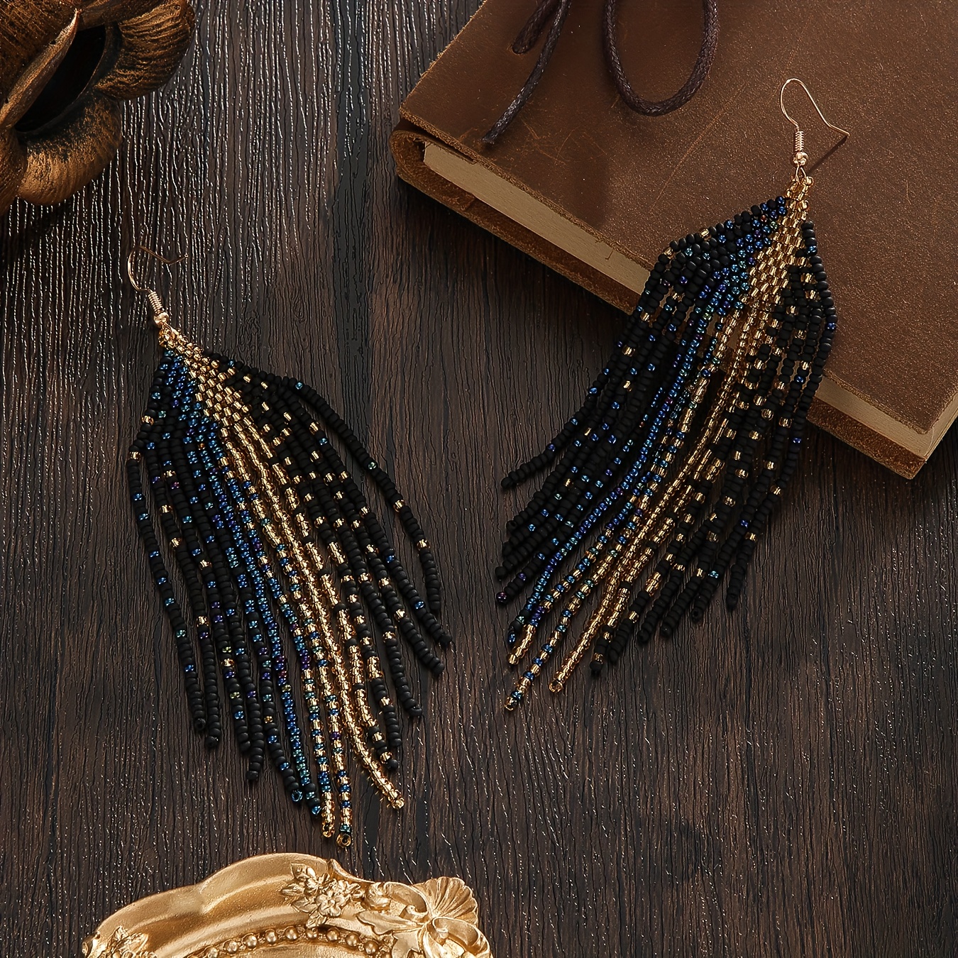 TEMU 1 Paar Boheemse Vintage Stijl Zwart Gouden Blauwe Geometrisch Dames Elegante Licht Luxe Oorbellen Glazen Zaadkralen Handgeweven Kralen Geschikt