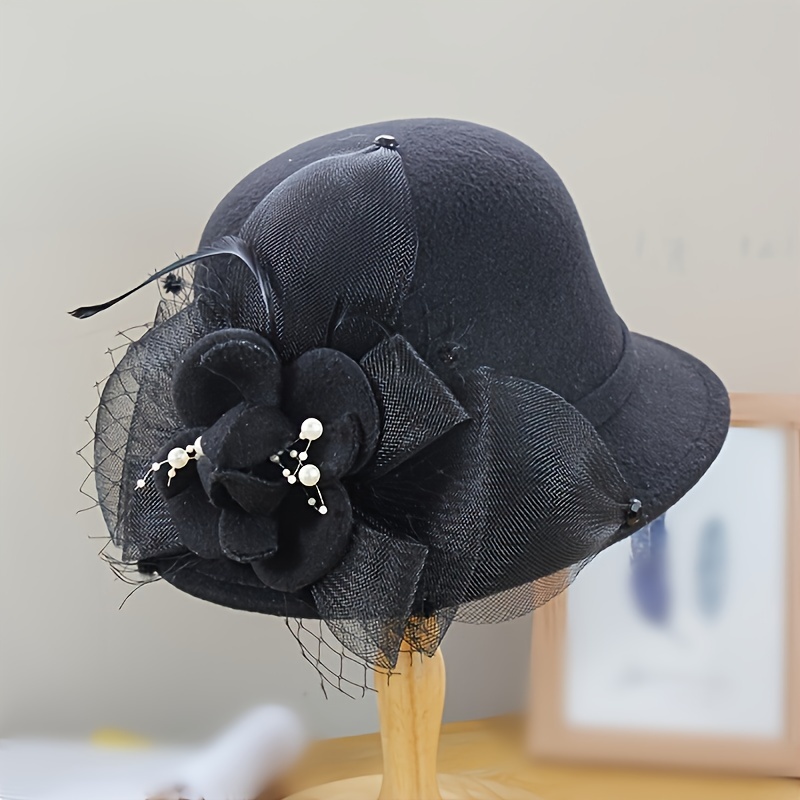 TEMU 1pc Fashionable And Elegant Top Hat New Hot Selling 24 Years Autumn And Tweed Top Hat With Bowknot Flowers Hat Female Korean Version British