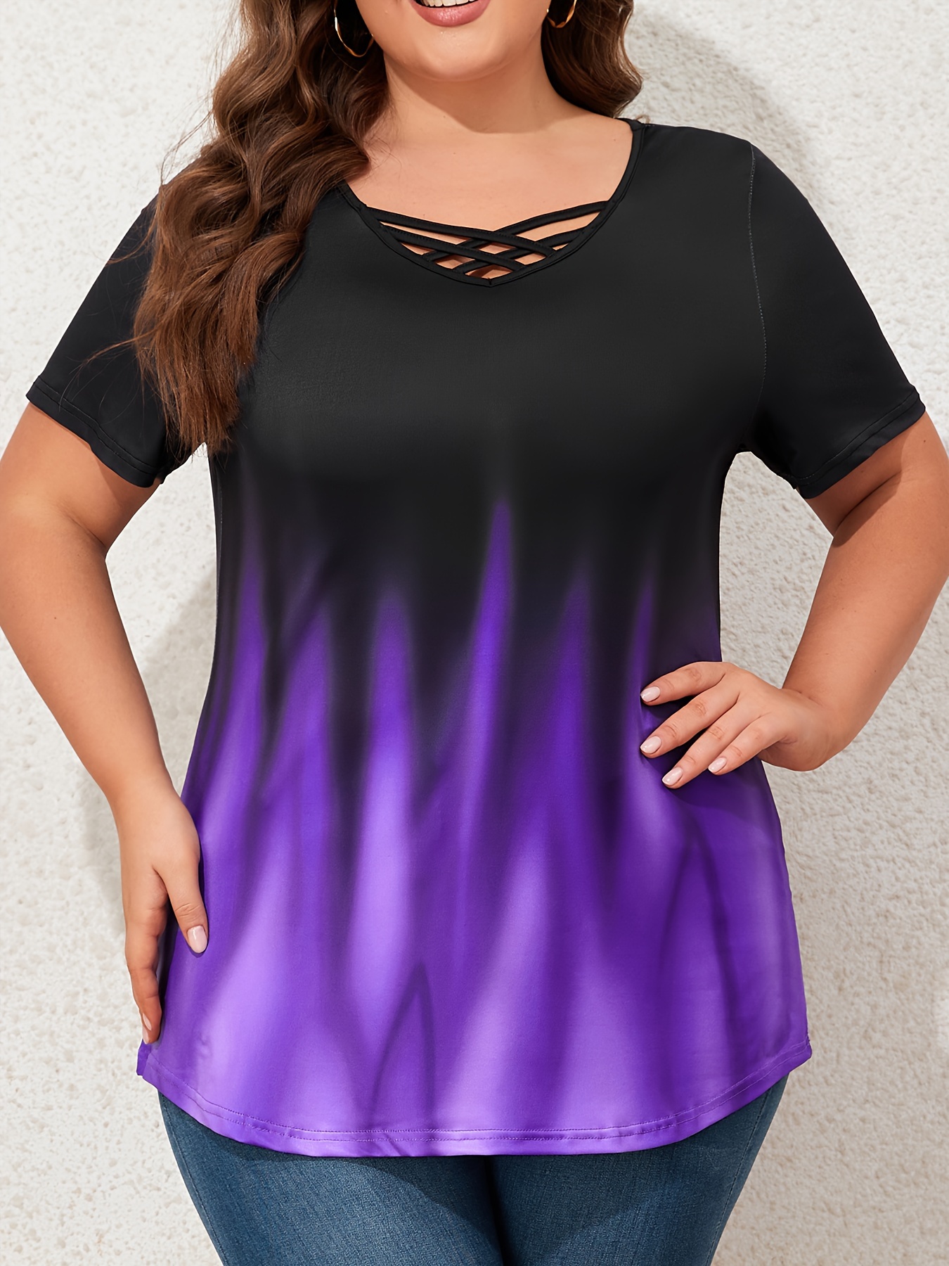  Plus Size T Shirts For Women 4X Casual Color Block Tops  Purple 28W