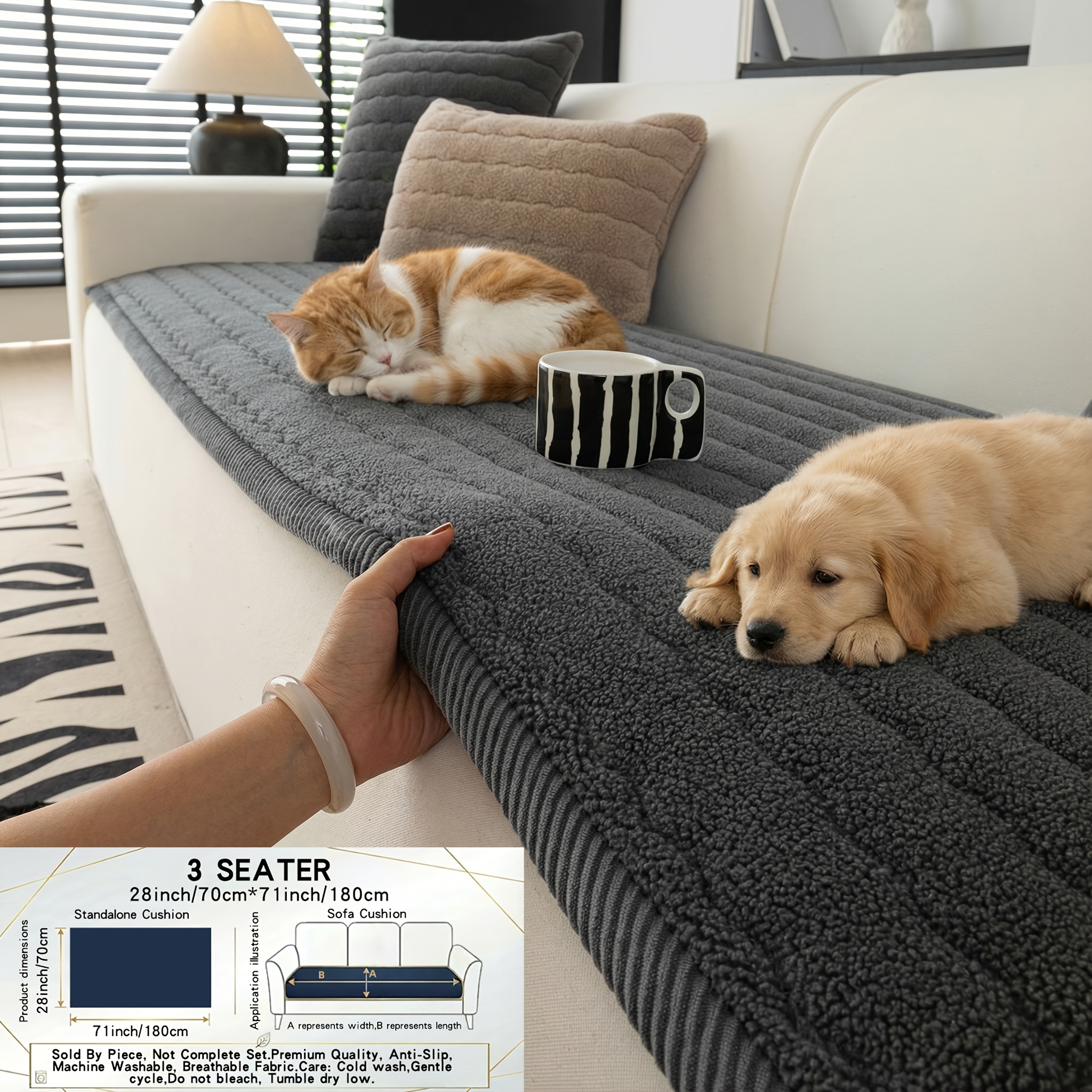 TEMU 1pc Bohemian Style Thick Plush Autumn And Winter Warm Sofa Cover, Made Of Integrated Short Plush Fabric, Machine Washable, Pet Friendly, Anti