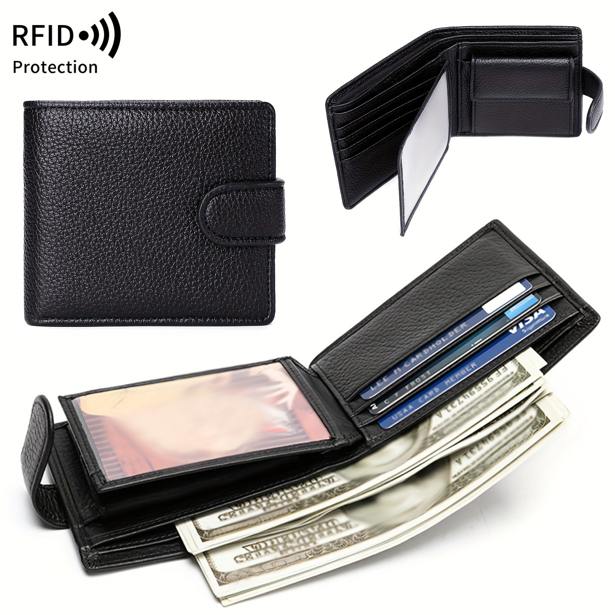

Forever Miyin Men's Rfid-blocking Wallet - Slim, Vintage Lychee Pattern With Id Window & Extra Capacity, Bifold Design For Credit Cards & Coins, Black Pu Leather