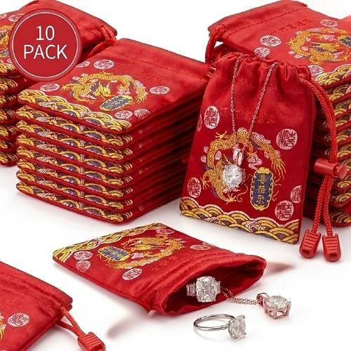 10 jewelry pouches traditional chinese drawstring hook and loop bags red chinese dragon pouches small accessory pouches gift packaging cultural aesthetics elegant fabric exquisite material accessory storage