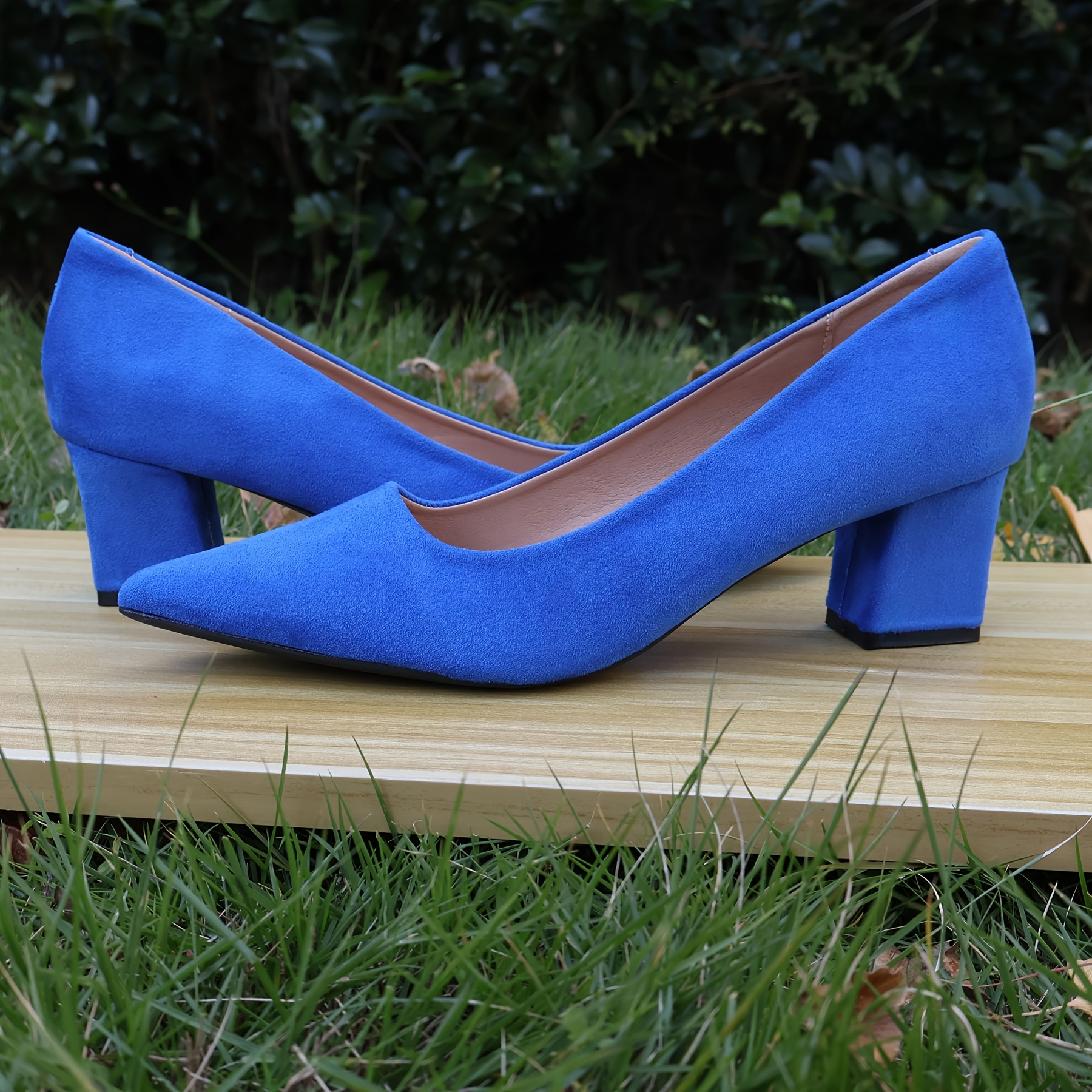 Block Heels Bright Blue Shoes Womens Cobalt Blue Faux Suede Barely