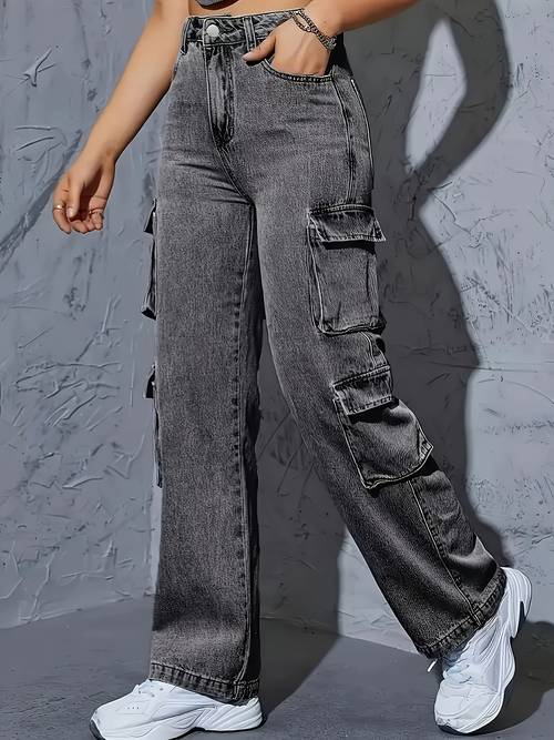 stylish high waist skinny cargo jeans for women button fly side pockets stretch for casual elegant look