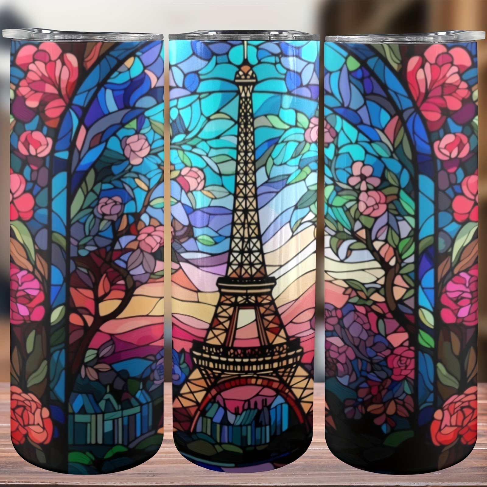 

20 Oz Eiffel Tower Stainless Steel Tumbler With Lid & Metal Straws, Double Wall Vacuum Insulated Travel Mug, Portable Floral Design Slim Water & Coffee Cup For Car Use, Bpa Free