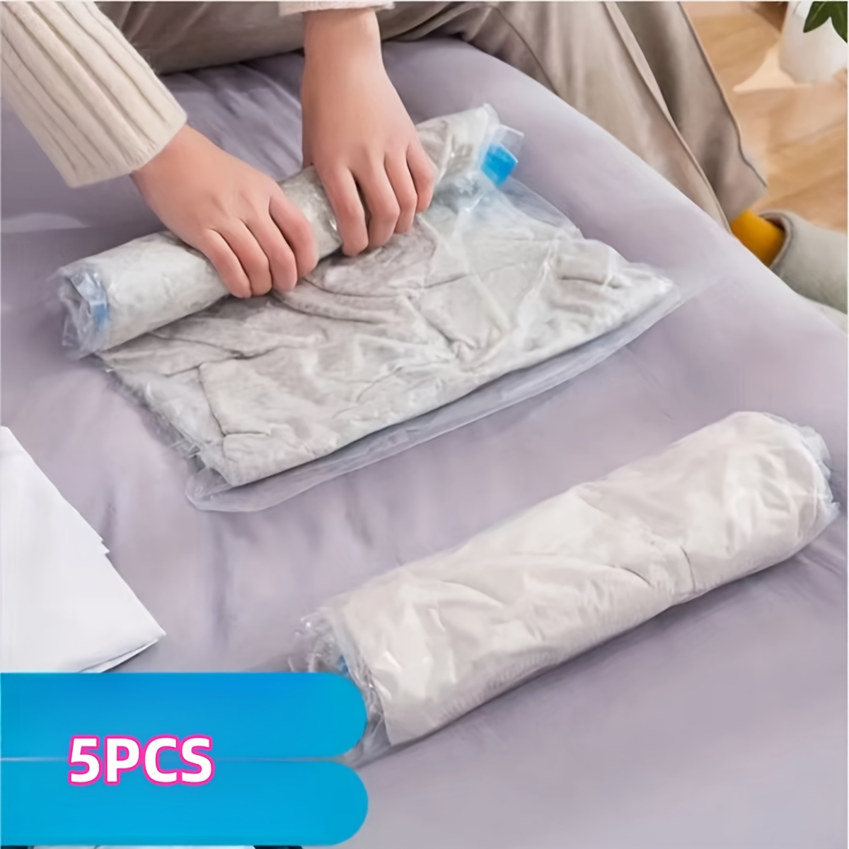 

5pcs Hand-rolled Vacuum Storage Bags - Space Saver, No Pump Needed - Ideal For Travel & , Zippered, Multi-, Rectangular Plastic Bags For Clothes, Books, And More