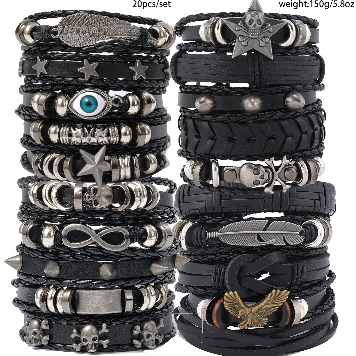 E-shop Europäische und amerikanische Retro-Mode 20 Stück Herren- und Damen-Kunstleder-Stapelarmbänder Totenkopf Teufelsauge Armbänder Halloween Schmuck