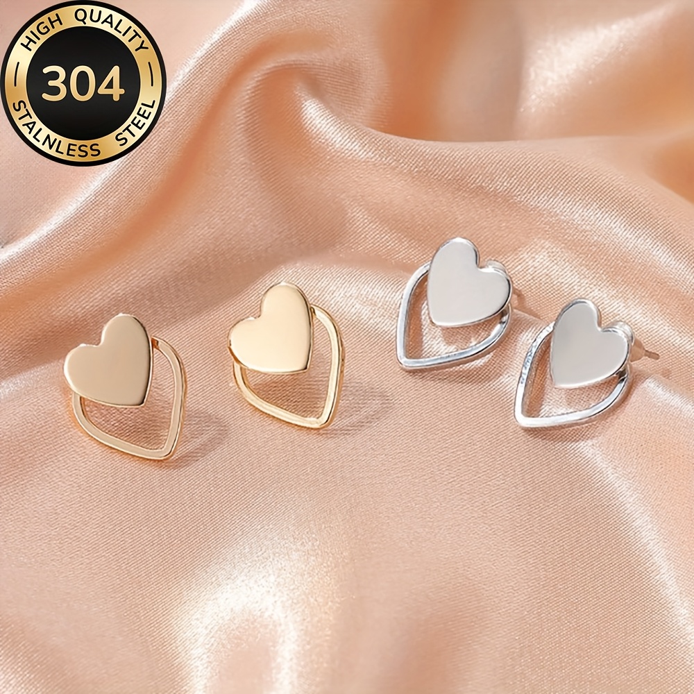 Women's Golden Hypoallergenic Heart Stud Earrings, Elegant Fashion