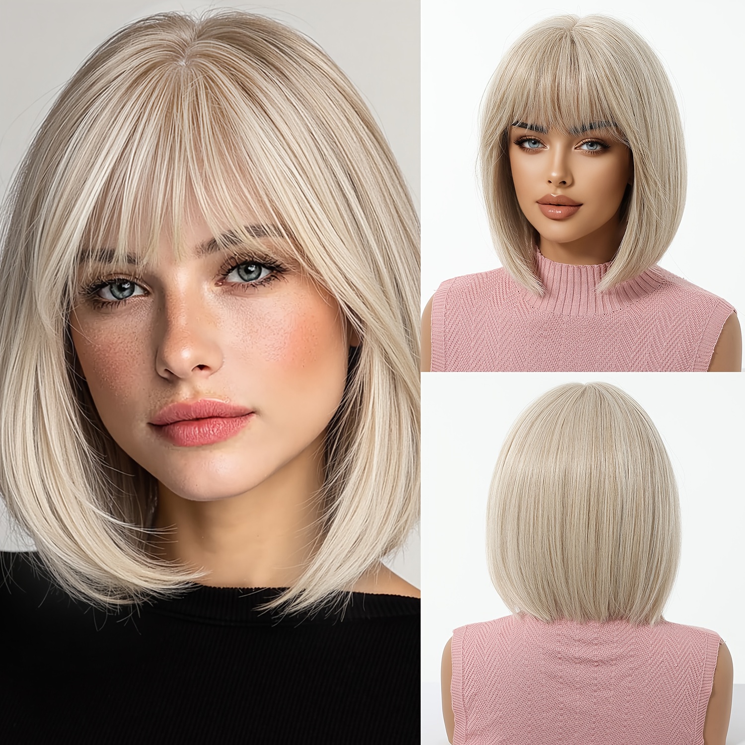 Image of A Stylish 10-inch Bob Wig For Women Featuring Elegant White And Bangs, Made From High-temperature With A Rose , Perfect For Parties, Travel, Carnivals, Music Festivals, And Everyday Use