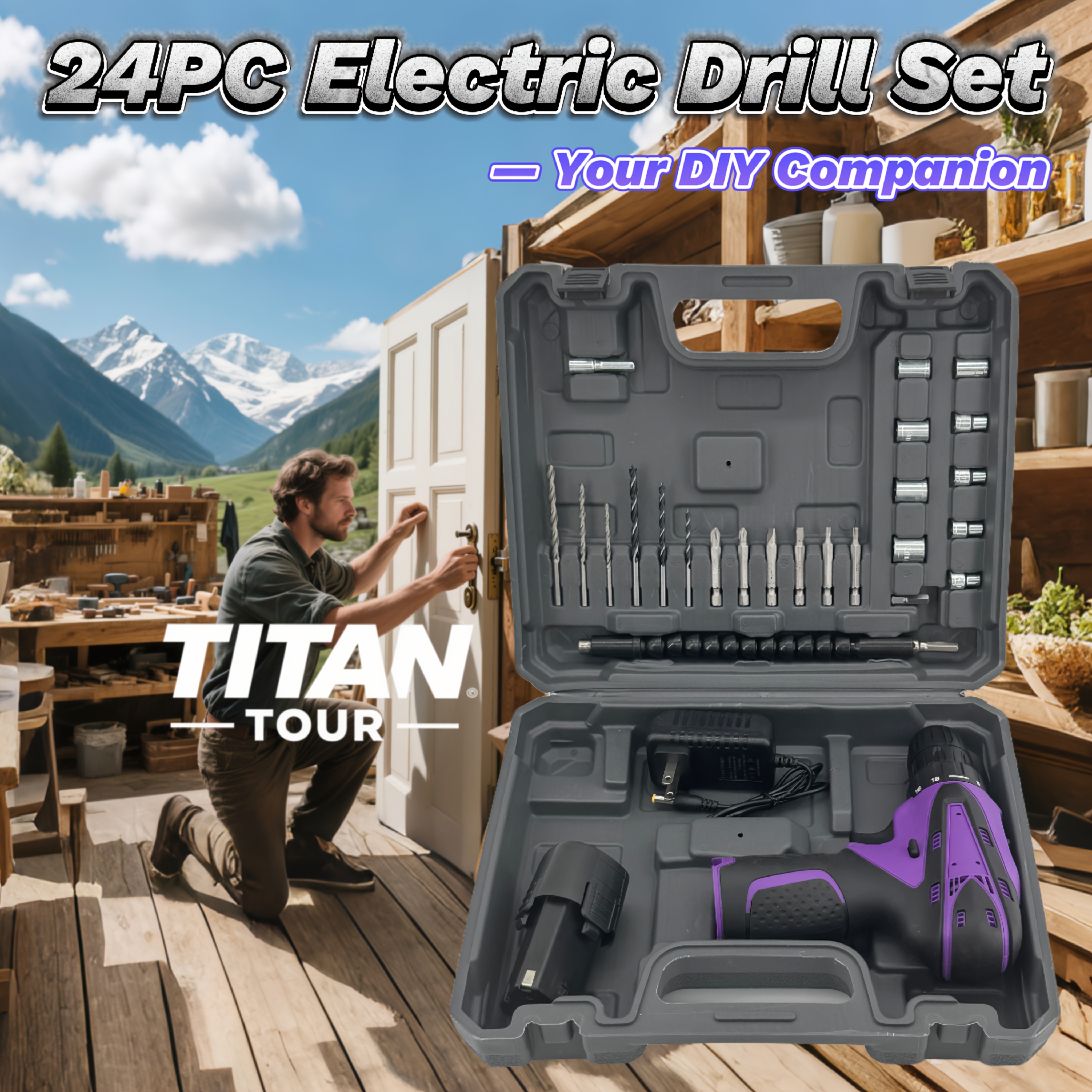 TEMU Perceuse balais violette à faire soi-même , 24 pièces | Li-ion 12V (1 batterie + chargeur) | Couple 18+1 | auto-serrant 3/8" | Perçage