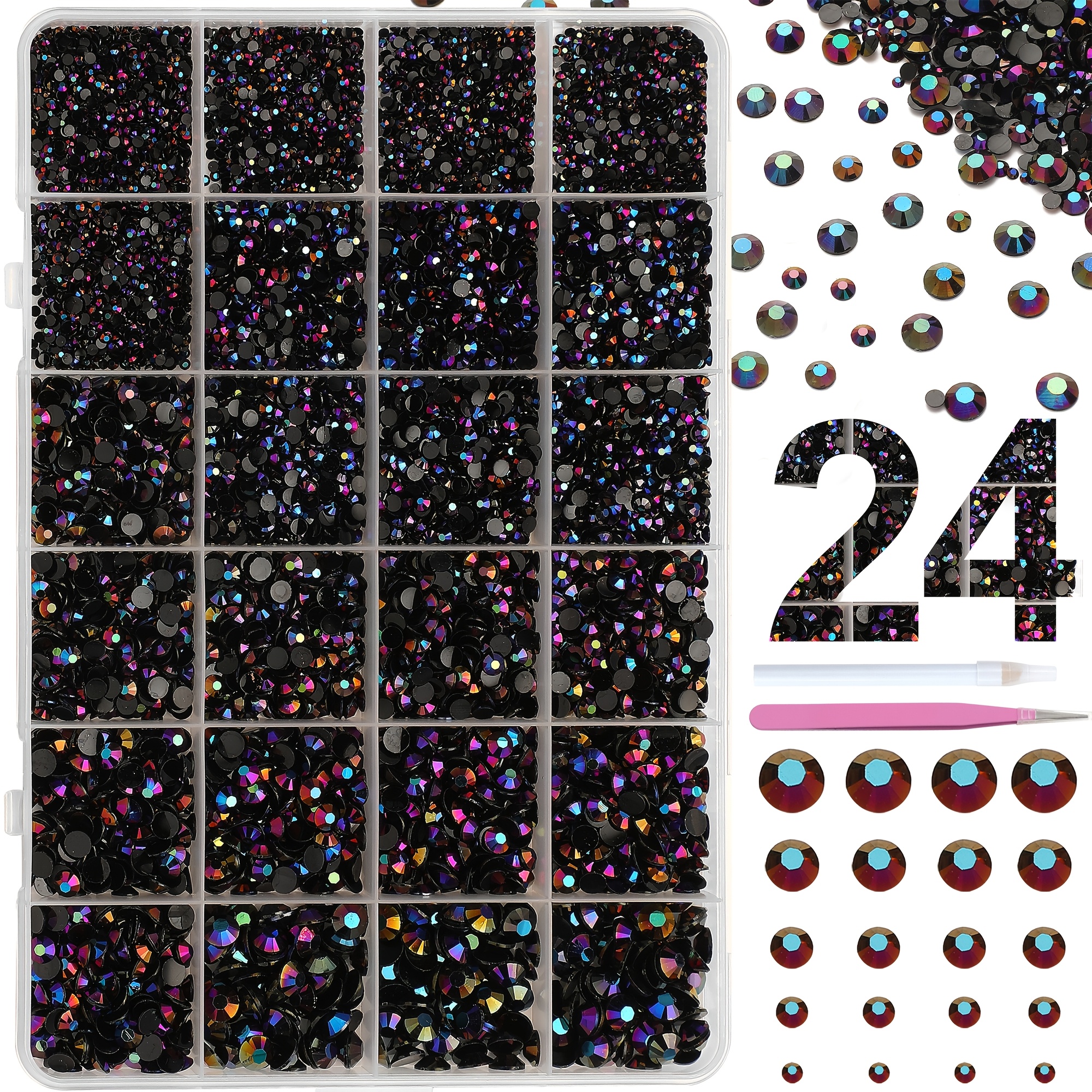TEMU Kit de strass noirs et violets AB 10000 pièces, strass plat de 2/3/4/5/6 mm avec stylo à cire et pince à épiler, fournitures d'artisanat